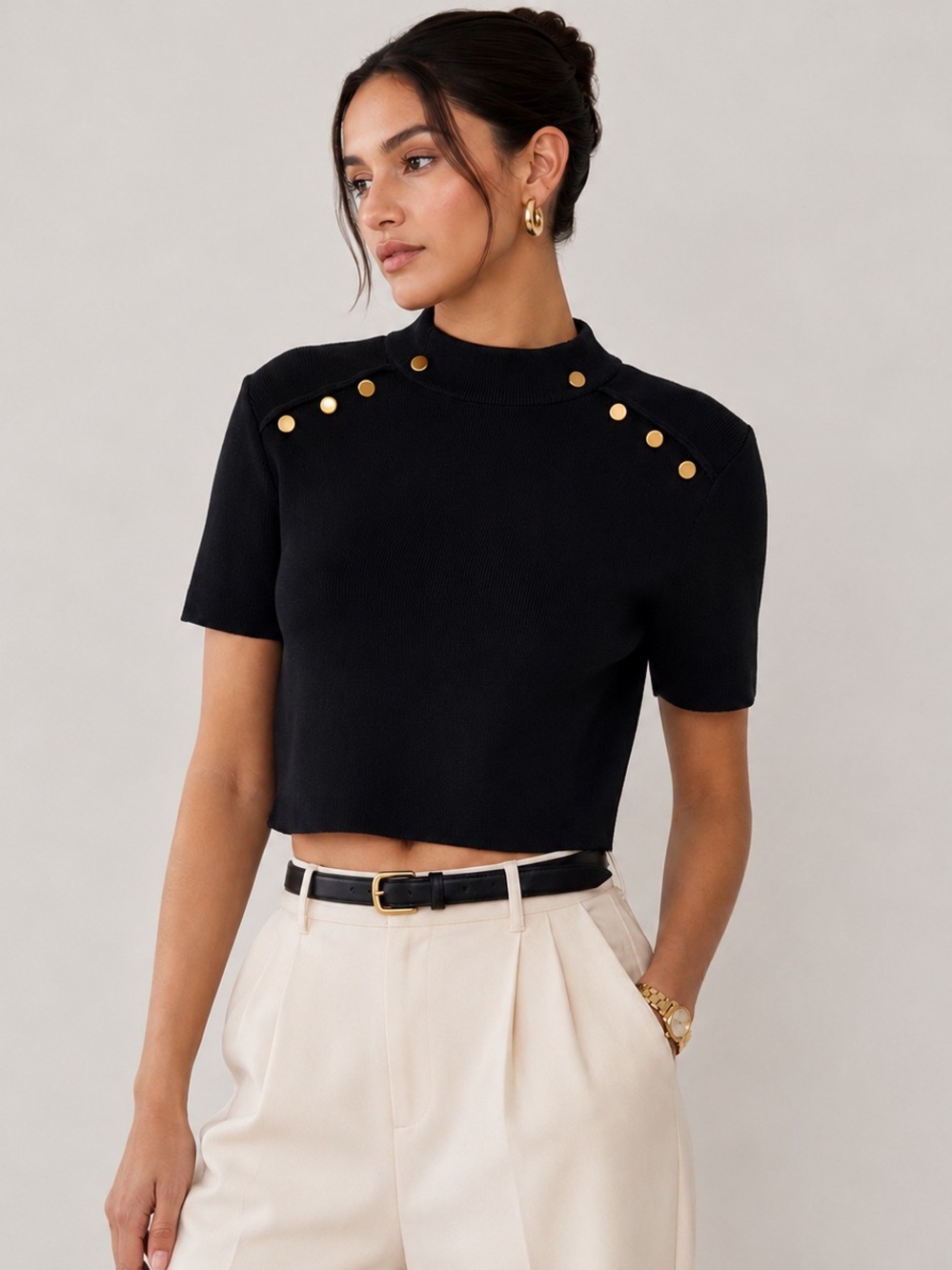 Zara Knit Black Cropped Top Gold Button Shoulder Detail Minimalist Chic Size L